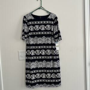 R&K Navy Blue & White Paisley Lace Print Dress Women’s Size 14 Short Sleeve NWT